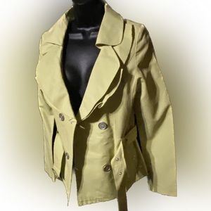 JOU JOU Lime Green Light Cropped Belted Ruffled Collar Pea Coat